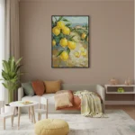 Impressionist hand-painted canvas depicting lemon branches with wine glasses and Italian countryside landscape in golden and blue tones, contemporary living space