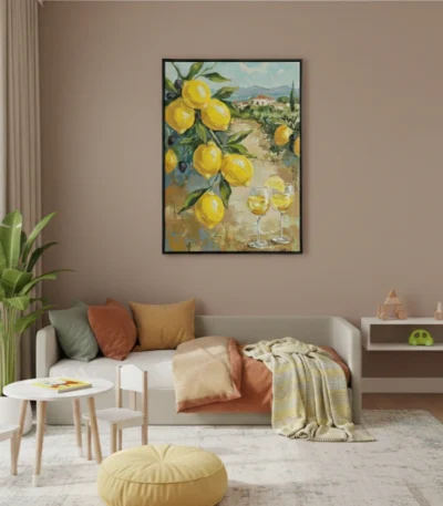 Impressionist hand-painted canvas depicting lemon branches with wine glasses and Italian countryside landscape in golden and blue tones, contemporary living space