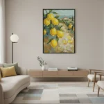 Impressionist hand-painted canvas depicting vibrant yellow lemons with wine glasses and Mediterranean landscape in warm ochre and blue tones, contemporary living space