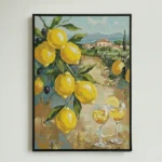 Contemporary figurative hand-painted canvas depicting vibrant yellow lemons with wine glasses and Mediterranean villa landscape in warm earth and blue tones