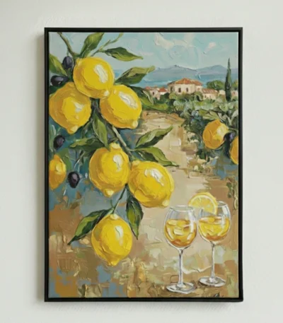 Contemporary figurative hand-painted canvas depicting vibrant yellow lemons with wine glasses and Mediterranean villa landscape in warm earth and blue tones