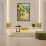 Impressionist hand-painted canvas depicting vibrant yellow lemons with wine glasses and Tuscan landscape in golden and blue tones, contemporary interior