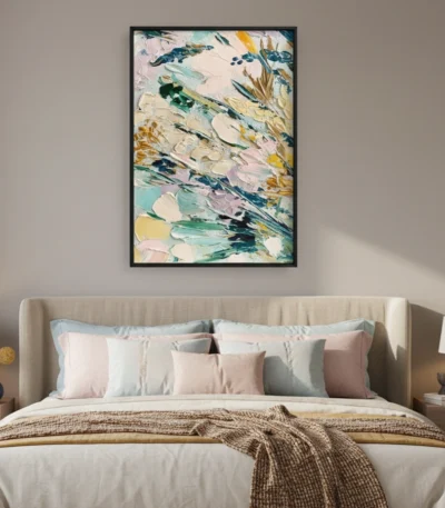 Gestural abstract hand-painted canvas with layered brushstrokes in soft pastels, teals, and golden yellows, modern bedroom