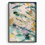 Gestural abstract hand-painted canvas with layered florals in cream, soft pink, turquoise, and golden tones