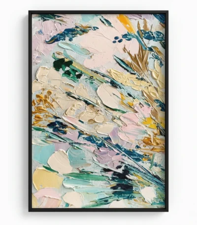 Gestural abstract hand-painted canvas with layered florals in cream, soft pink, turquoise, and golden tones