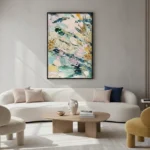 Gestural abstract hand-painted canvas in layered pastels, teals, and golds with expressive brushwork, modern living space