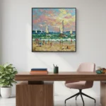 Impressionist hand-painted canvas depicting sailboats and beachgoers in vibrant sunset hues and ocean blues, contemporary workspace