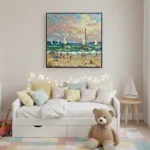 Impressionist hand-painted canvas depicting sailboats and beachgoers with vibrant sky and ocean tones, children's bedroom