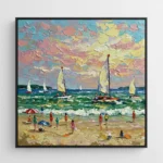Impressionist hand-painted canvas depicting a lively beach scene with sailboats, swimmers, and beachgoers beneath a pastel sky, vibrant in yellows, blues, and warm earth tones