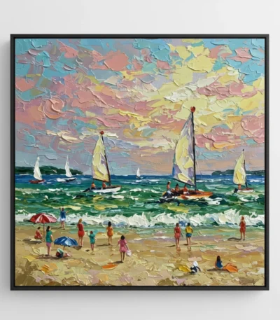 Impressionist hand-painted canvas depicting a lively beach scene with sailboats, swimmers, and beachgoers beneath a pastel sky, vibrant in yellows, blues, and warm earth tones