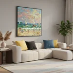 Impressionist hand-painted canvas depicting a vibrant beach scene with sailboats, figures, and dynamic sky in warm yellows and cool blues, contemporary living space