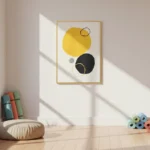 Minimalist hand-painted canvas with bold yellow and black circles, gold accents, neutral palette, contemporary studio space