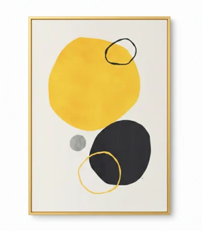 Minimalist hand-painted canvas featuring bold geometric circles in mustard yellow and charcoal black with outlined accents, contemporary living space