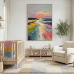 Impressionist coastal landscape hand-painted canvas with vibrant sunset sky and colorful beach striations in warm pinks, blues, and golden yellows, nursery setting