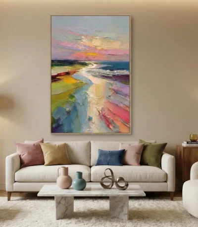 Gestural abstract coastal landscape hand-painted canvas in vibrant pink, gold, and turquoise brushstrokes, contemporary living space