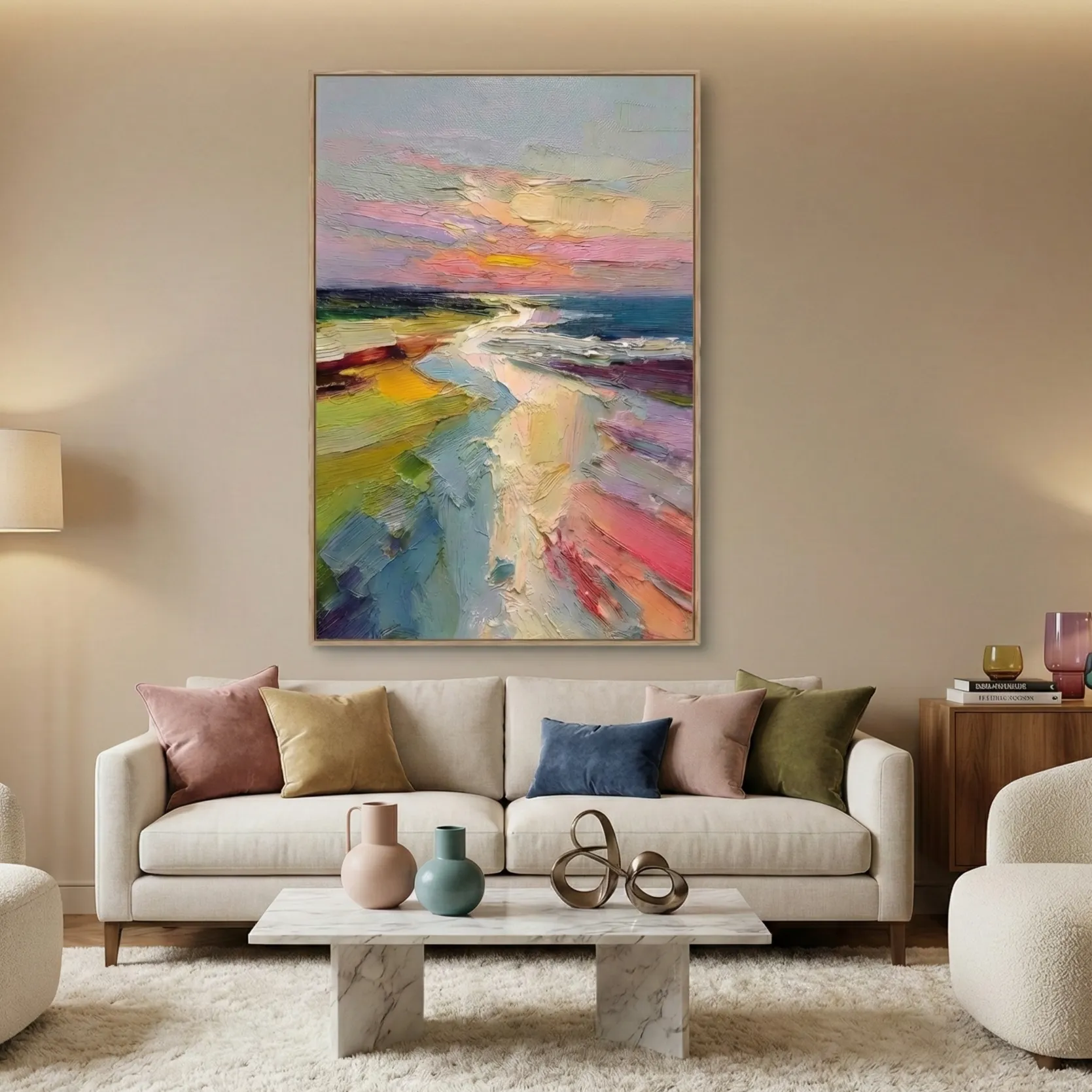 Sunset Pastels Textured pink, yellow, and blue hues Textured wall art (1.5) Gestural abstract coastal landscape hand-painted canvas in vibrant pink, gold, and turquoise brushstrokes, contemporary living space