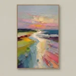 Impressionist landscape hand-painted canvas depicting coastal cliffs and sandy beach at sunset in vibrant jewel tones, contemporary living space