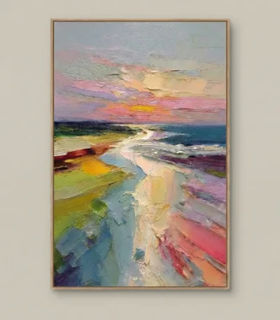 Impressionist landscape hand-painted canvas depicting coastal cliffs and sandy beach at sunset in vibrant jewel tones, contemporary living space
