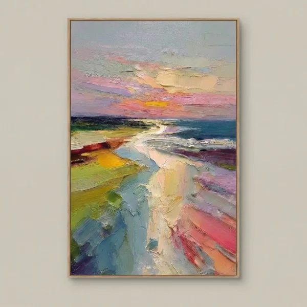 Impressionist landscape hand-painted canvas depicting coastal cliffs and sandy beach at sunset in vibrant jewel tones, contemporary living space