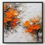 Textured contemporary hand-painted canvas featuring vibrant orange blossoms and white flowers with expressive brushwork, warm palette with neutral undertones