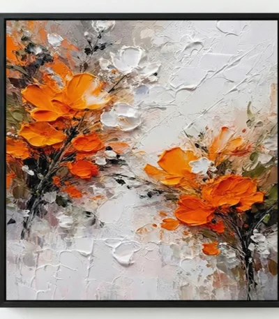 Textured contemporary hand-painted canvas featuring vibrant orange blossoms and white flowers with expressive brushwork, warm palette with neutral undertones
