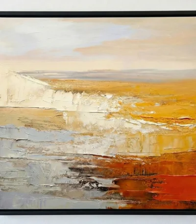 Textured abstract landscape hand-painted canvas in layered cream, gold, and rust tones, contemporary living space