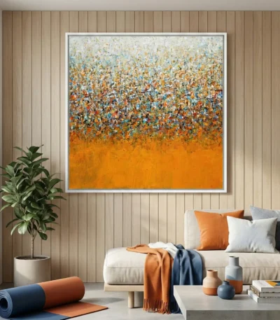Textured abstract hand-painted canvas with gestural brushstrokes transitioning from cream and blue to vibrant orange, contemporary living space