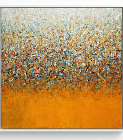 Textured abstract painting with gestural brushstrokes transitioning from soft cream and blue tones to vibrant orange and gold, hand-painted canvas in contemporary space