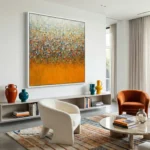 Abstract expressionist hand-painted canvas in vibrant orange and multicolored gestural brushstrokes, contemporary living space