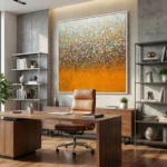 Textured abstract hand-painted canvas in vibrant orange and multicolored gestural brushstrokes, contemporary office space