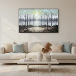 Contemporary landscape hand-painted canvas depicting birch trees framing a serene lakeside vista in soft greens and grays, modern living space