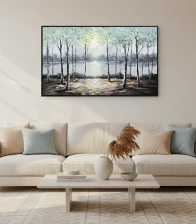 Contemporary landscape hand-painted canvas depicting birch trees framing a serene lakeside vista in soft greens and grays, modern living space