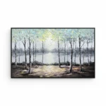 Impressionist hand-painted canvas depicting birch trees framing a serene lakeside landscape in soft yellows and cool grays, contemporary living space