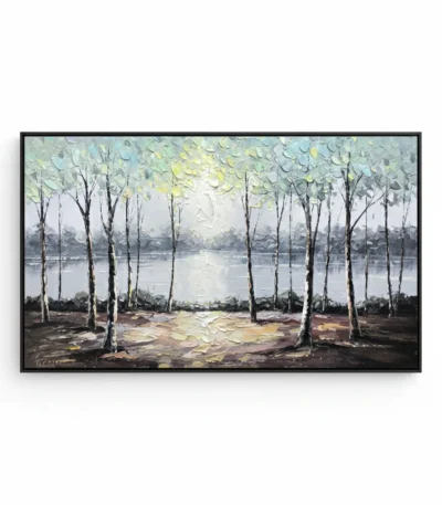 Impressionist hand-painted canvas depicting birch trees framing a serene lakeside landscape in soft yellows and cool grays, contemporary living space
