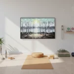 Impressionist hand-painted canvas depicting birch forest landscape with sunlit water and pale yellow-green foliage, muted tones, yoga studio setting