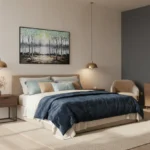 Contemporary landscape hand-painted canvas depicting serene lakeside forest in cool blue and earthy tones, modern bedroom