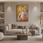 Impressionist hand-painted canvas depicting a woman in flowing white dress with violin in warm ochre and terracotta tones, contemporary living space