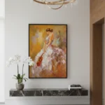 Impressionist hand-painted canvas depicting a woman in pink tulle gown with violin in warm golden and terracotta tones, contemporary interior