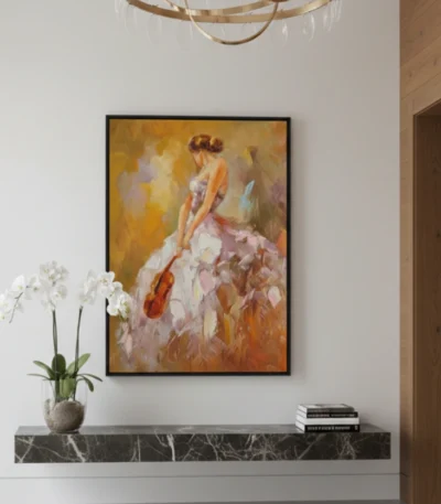 Impressionist hand-painted canvas depicting a woman in pink tulle gown with violin in warm golden and terracotta tones, contemporary interior