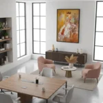 Gestural expressionist hand-painted canvas depicting a figure in warm ochre and blush tones, contemporary office space