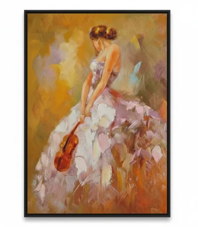 Gestural figurative hand-painted canvas of a woman in flowing white and pink gown holding violin, warm golden and terracotta palette