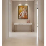 Impressionist figurative hand-painted canvas depicting a woman in flowing white and coral dress, warm golden palette, contemporary hallway setting