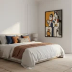 Contemporary abstract hand-painted canvas with geometric figures in ochre, cream, and navy tones, modern bedroom