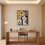 Contemporary abstract hand-painted canvas with bold geometric figures in mustard, navy, and cream tones, modern home office