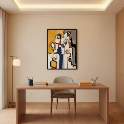 Contemporary abstract hand-painted canvas with bold geometric figures in mustard, navy, and cream tones, modern home office