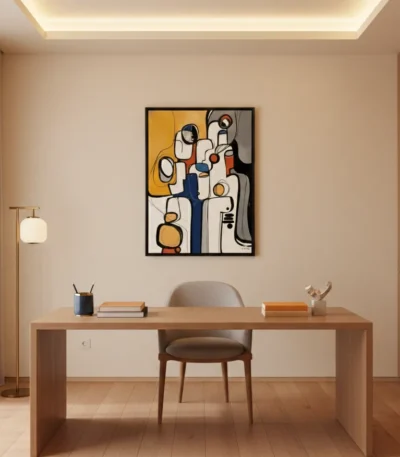 Contemporary abstract hand-painted canvas with bold geometric figures in mustard, navy, and cream tones, modern home office
