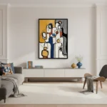 Gestural abstract hand-painted canvas in navy, ochre, and cream with bold black outlines and organic forms, contemporary living space