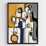 Contemporary abstract hand-painted canvas with geometric figures in cream, navy, gold and terracotta tones