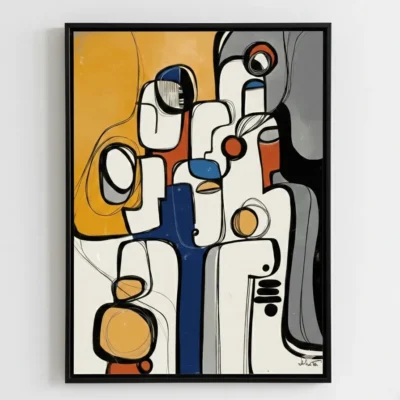 Contemporary abstract hand-painted canvas with geometric figures in cream, navy, gold and terracotta tones