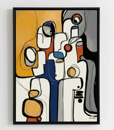 Contemporary abstract hand-painted canvas with geometric figures in cream, navy, gold and terracotta tones